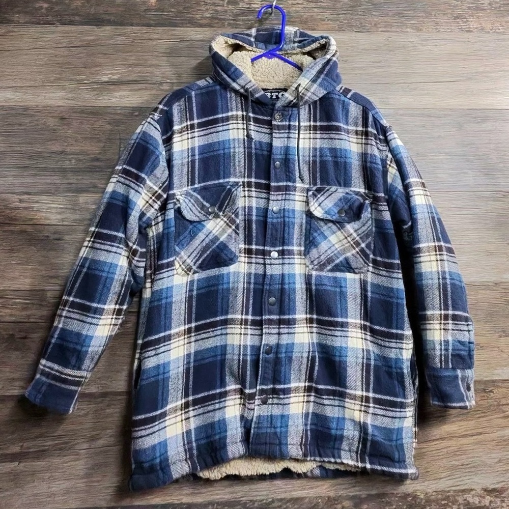 Authentic BTC Trading Co Navy and Beige Plaid Flannel Hooded Shirt Jacket - Picture 1 of 12